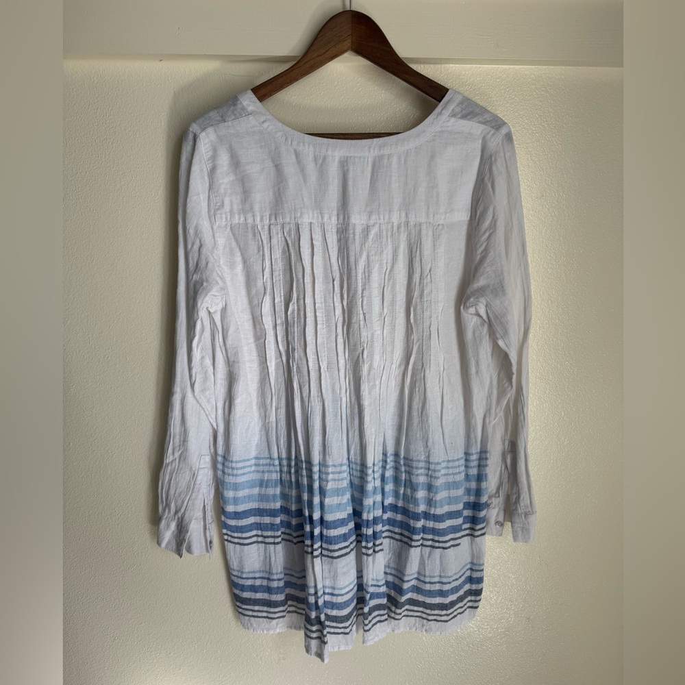 J.Jill Linen Blend Tunic Top Blue Stripe Boho Beachy Lightweight Petite M - Picture 7 of 9